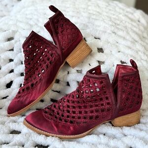 JEFFREY CAMPBELL Taggart Booties in Wine • Perforated Suede Ankle Boots